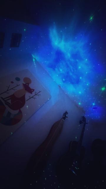 Ein Foto zeigt die Ecke eines Zimmers im dunklen Licht. An der Decke werden durch einen Projektor blaue und grüne Lichtmuster wie ein Sternenhimmel dargestellt. An der Wand hängt ein stilisiertes Bild eines Fuchses in geometrischem Design. Daneben lehnt ein langes Saiteninstrument (Dulcimer) an der Wand, direkt neben einer Akustikgitarre. Die Szene wirkt ruhig, gemütlich.