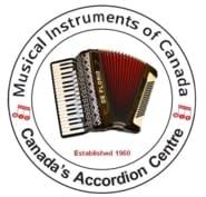 A piano accordion stands boldly in the middle of a ring of text reading "Musical Instruments of Canada" "Canada's Accordion Centre"