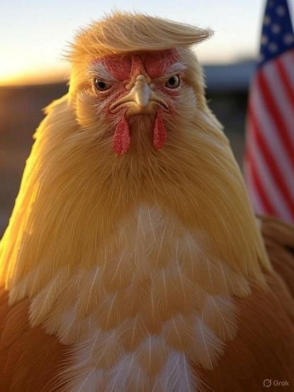 An angry chicken that looks like President Trump. In the background is an American flag.