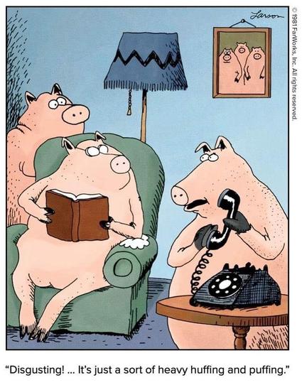 The three pigs in their living room, one of them commenting after picking the phone: "Disgusting! ... It's just a sort of heavy huffing and puffing."