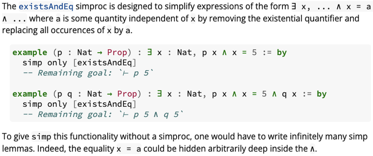 A screenshot from the blog post featuring a description of the existsAndEq simproc, example Lean code demonstrating its effectiveness, and a brief explanation that to achieve the same result with only simp would require infinitely many simp lemmas.