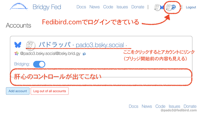 リンク先にBlueskyとFedibirdでログインしている例。
1. 右上に両アカウントのアカウントとマーク
2. Blueskyについて、アカウントのリンクとブリッジSWが表示されている
3. Fedibirdについては肝心のコントロールが出てこない