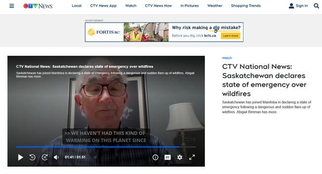 Image of CTV News video. Expert with glasses says "We haven't had this kind of warming on this planet since . . .