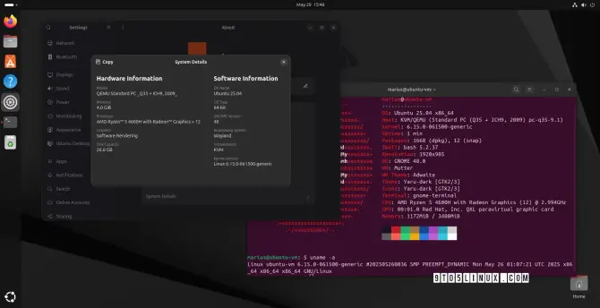 Screenshot of Ubuntu 25.04 showing the Settings app and the Terminal app with an output of the neofetch and uname -a commands.