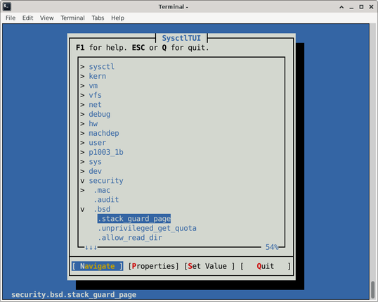 A terminal window running SysctlTUI, a text-based user interface for navigating FreeBSD sysctl variables. The screen shows a tree-like menu structure, with the path security.bsd.stack_guard_page highlighted. Navigation, Properties, Set Value, and Quit options are shown at the bottom.