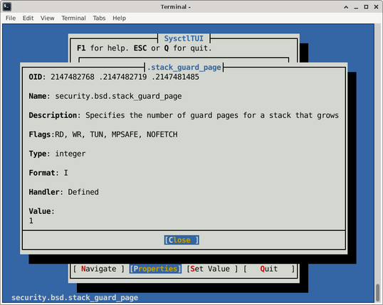 A detailed view in SysctlTUI of the security.bsd.stack_guard_page sysctl variable. It displays metadata such as OID values, name, description ("Specifies the number of guard pages for a stack that grows"), flags (RD, WR, TUN, MPSAFE, NOFETCH), type (integer), format (I), handler (Defined), and current value (1). A [Close] button is shown at the bottom.