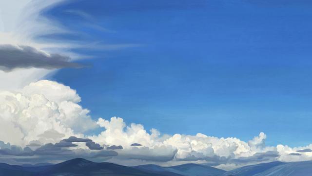 Digital painting of a line of distant mountains with a bright blue sky above. There are voluminous clouds shaped like cauliflower in the sky, arranged from tallest to smallest from the right to the left. In the top right corner, wispy white and grey clouds are pooling.