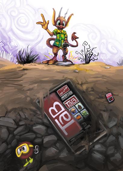annoying red and yellow imp wearing a garish green hawaiian style shirt holds a metal detector and seems excited to have made a discovery that seems to be an abandoned 1980s-era soda beverage vending machine