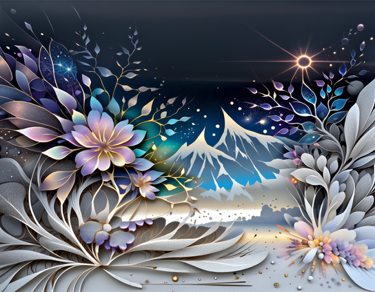 A dreamy stylized garden with layered silver and pastel flowers under a dark sky with a ring of fire eclipse, against a  background of surreal snowy mountains.