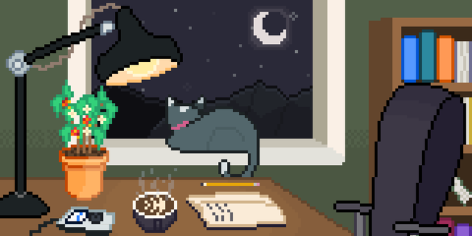 pixel art room showing a desk with a lamp, an iPod, a latte, a notebook, pencil, and potted coffee plant on it. A bookshelf is on the right and in the center of the frame is a window with a grey cat sitting in it. Out of the windo is the moonlit night sky with mountains in the background.