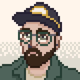 pixel art drawing of me in a green shirt, green rimmed glasses, and a black hat.