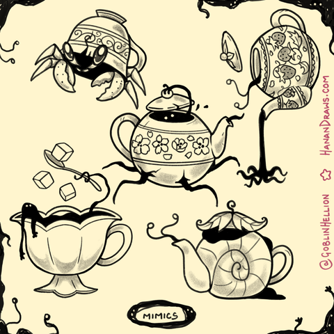 Flash tattoo designs I've made showing 5 different mimics. One looks like hermit crab in a teacup. All of the others are some variation of teapots or teacups, with some goo-ish form of mimics wiggling about in them.