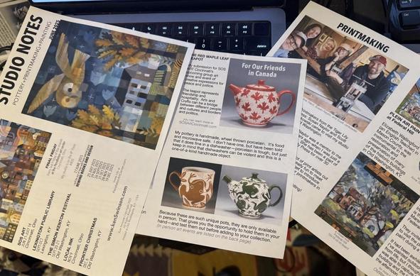 sheets of paper with art and pottery and people and words on it