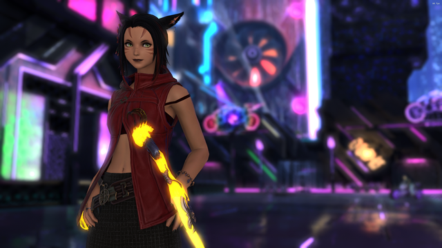 My main Miqo'te character in Final Fantasy 14, looking rather seriously at the camera in the neon-overdrive city of Solution Nine.

Her rapier of choice, once that glowed by default, made her feel somehow connected to Aether and magicks, while appearing to enjoy machine-based weapons.

She just enjoyed using her yellow weapon to make people frown in confusion when they were told she was a Red Mage.

Mental and Perceptual Tunnel Vision really is a plague. But it has its comedic uses.