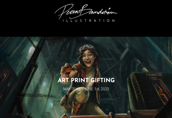 Snapshot of landing page for art gifting event may 30th through june 1st 2025 by Petra Brandström Illustration. Company logo over illustration (fan art) called Rogue Fun of Doctor Aphra reaching towards something out of frame, with info on top.