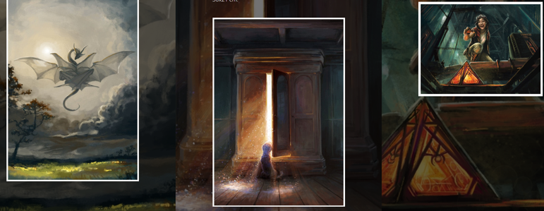 Three different art prints by Petra Brandström: Seraphim; The Doggo, the dream and the doorway; Rogue Fun.
