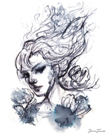 A messy ink drawing of a woman surrounded by flowers