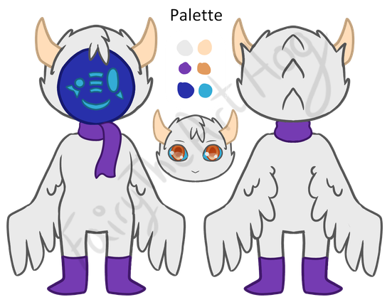 Reference sheet showing the front and back of a bird like character. They have horns coming out the side of their head, purple scarf and boots, and wear a blue mask. A small version of what their face looks like behind the mask is featured along with a color palette.