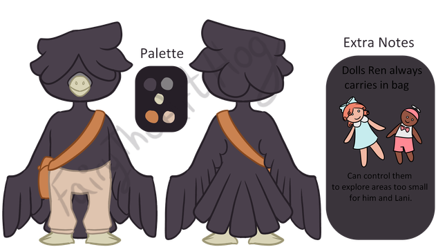 Reference sheet featuring an anthropomorphic Crow. He's wearing pants and carrying a side bag. There's a color palette features and on the side notes about the dolls he carries.