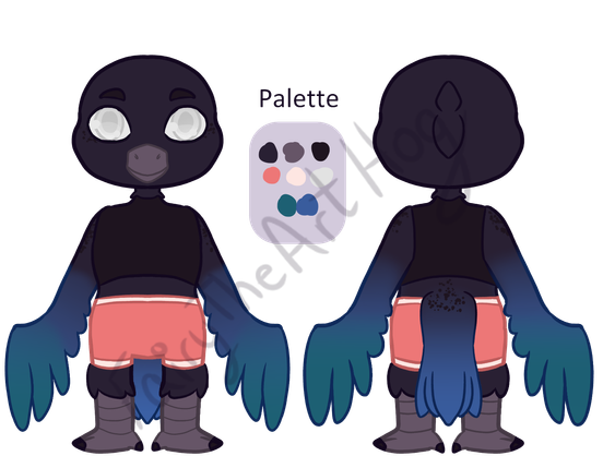 Reference sheet featuring front and back of a magpie. wearing a sleeveless shirt and shorts. Blue tipped wings and tail. Palette of the character in the middle.