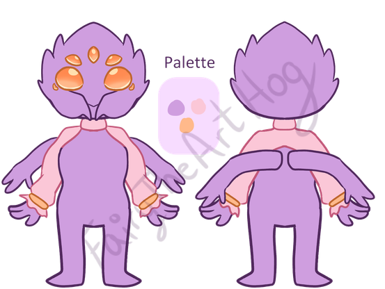Reference sheet of a pastel colored spider. Front and back is shown. Has four arms and lots of eyes.