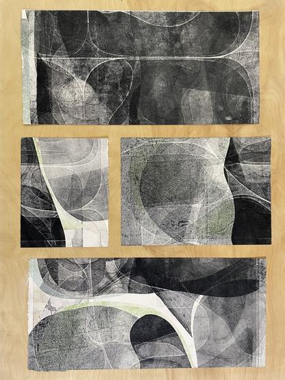 Four small abstract heavily embossed monoprints with complex textured curvilinear shapes in tones of black and a little bit of green