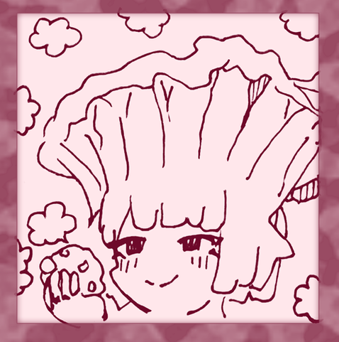 An ink drawing of a Chanterelle girl holding a muffin.