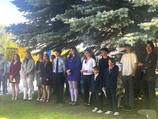 Plaintiffs from the Held v. Montana youth climate lawsuit stand outside the Montana Supreme Court chambers in Helena, Montana on July 10, 2024. Credit: Amanda Eggert / MTFP