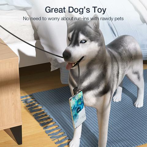 Computer-rendered husky chewing on a charging cord attached to a dangling smartphone. “Great Dog’s Toy—No need to worry about run-ins with rawdy pets”, claims the ad.