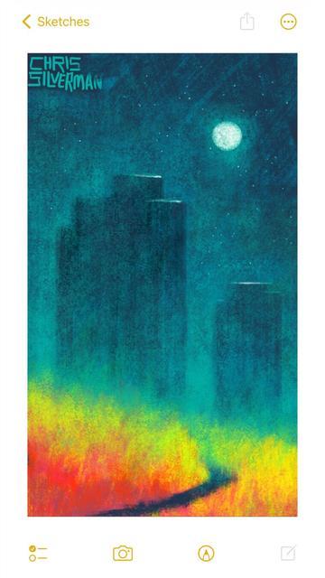 A small, dark path winds through a blazing red meadow. Even though it's at night, the grass in the meadow is bright red and yellow, fading to neon greenish on the horizon. Looming up in the distance are the dark hulks of what look like apartment buildings. There are no lights or lit windows anywhere on them. A full moon sits in the dark blue-green sky, surrounded by stars. The painting is signed "Chris Silverman".