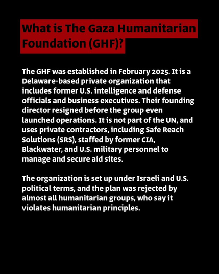 Un texte écrit sur fond noir concernant le GHF (Gaza Humanitarian Foundation)