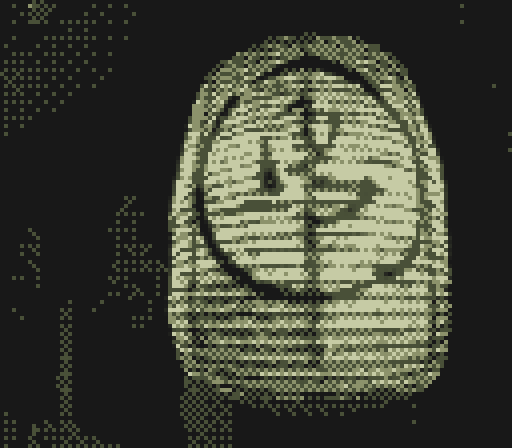 A VRChat photograph with a Game Boy-style pixelated effect applied. The monochrome green palette and dithering effect give it a retro digital aesthetic. It shows a an asian lantern with some kanji drawn over it