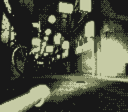 A VRChat photograph with a Game Boy-style pixelated effect applied. The monochrome green palette and dithering effect give it a retro digital aesthetic. Shows a flashlight laying on the ground in an asian street filled with paper lanterns. The flashlight's beam lights up part of the floor and a wall.