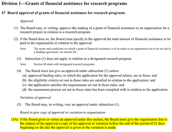 Black text on white background. Excerpt from the ARC Act, with yellow highlighting indicating a sentence that states the ARC must announce grants (at least, to the universities that applied for them) within 21 days of the ARC Board approving them.
