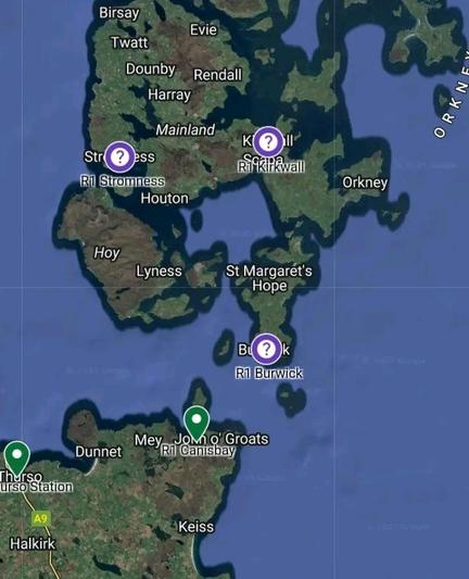 Map of Orkney with presumed location of Sustrans millennium mileposts