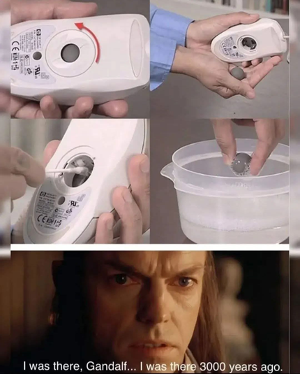 A photo of a computer mouse and cleaning the rubber track ball. 

Bottom photo from Lord of the Rings quoting, “I was there, Gandalf… I was there 3,000 years ago”