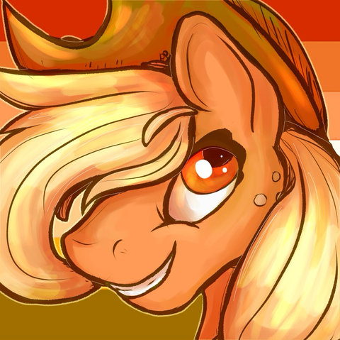 applejack colored with orange, red and white on the butch lesbian flag (three red stripes, a white stripe, and three orange stripes)
