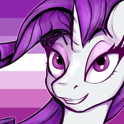 rarity colored with purples and pinks with the femme lesbian flag in the background (three purple stripes, a white stripe, three pink stripes)