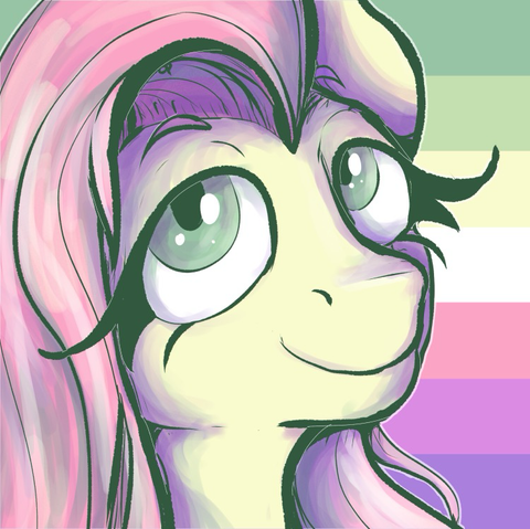 fluttershy colored with pastel yellow, pale green, and pink from the genderfae flag (two green stripes, a pale yellow stripe, a white stripe, a pale pink stripe, and two purple stripes)