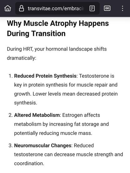 A screenshot of the website transvitae.com that explains why muscle atrophy happens during MtF transition and how testosterone affects muscle growth