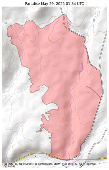 Visual map representation of the Paradise wildfire, showing the perimeters of the 726.9927236761197 acre fire on a map.