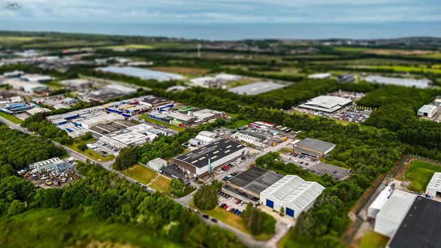 aerial shot over industrial park with tilt shift effect