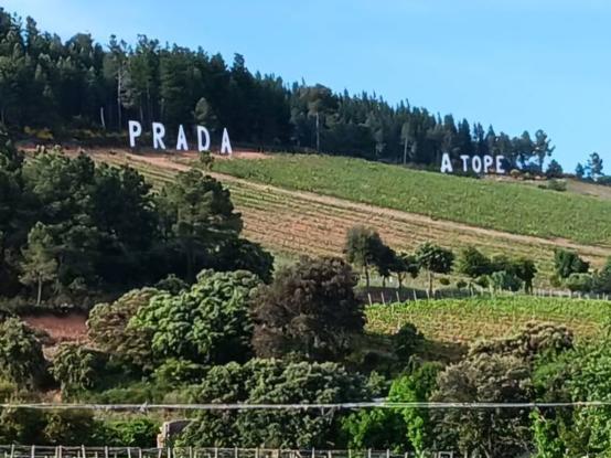 Letras blancas gigantes  en una loma detrás del Palacio de Canedo al estilo del cartel de Hollywood. 

Se lee Prada a Tope
