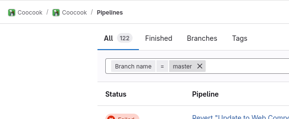 Screenshots of "Pipelines" page for project Coocook on GitLab.com with search box filled with "Branch name = master" which is not plaintext but three actual tokens visible by a grey box for each token