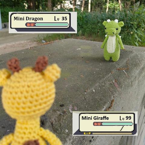 A picture that's trying to emulate a pokemon battle. In the forefront is the back visible of a crocheted mini giraffe. In the background is a crocheted mini dragon. Besides the two creatures are health bars.
