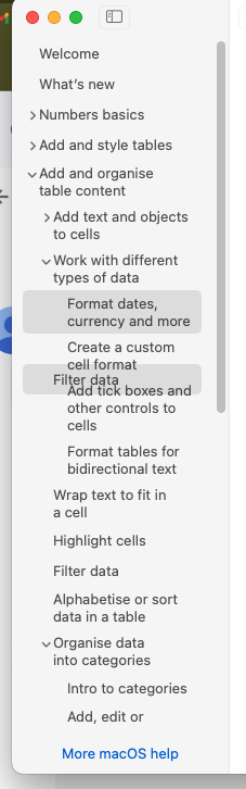 A screen-shot of MacOS Tips.app (what you get when you select Help in the MacOS Numbers.app). Two article titles are highlighted in a single-select list. The second article title has the wrong left indent and zero vertical space, so the letterforms overlap both the title above and the title below!