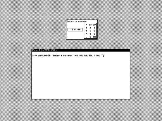 Screenshot of a portion of the black and white desktop of a 1980s graphical workstation environment. The desktop has a gray background pattern and a window with a white background and a title bar with white text on a black background. The window is a Lisp REPL where the following expression is evaluated:

(RNUMBER "Enter a number" NIL NIL NIL NIL T NIL T)

Above the REPL window is a calculator-type dialog window with the number 1234.56 displayed.