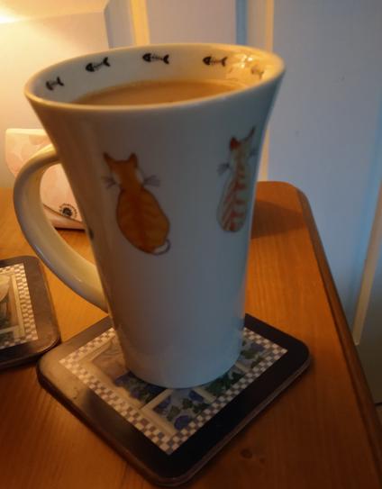 Mug of tea on a bedside cabinet with pictures of two cats backs one ginger one grey