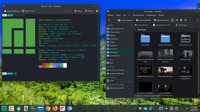 Captura de pantalla de escritorio de ordenador con manjaro del valle de Benasque con neofetch y dolphin.