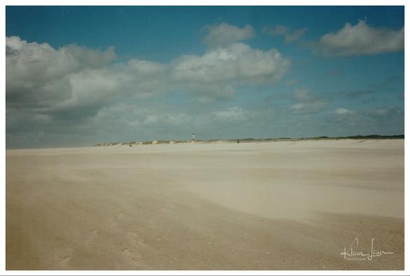 Das Foto zeigt den Amrumer Kniepsand bei Ebbe. Im Hintergrund kann man Dünen erkennen und ziemlich mittig erkennt man den Amrumer Leuchtturm.
Der Kniepsand ist eine Sandbank, die Amrums Westküste vorgelagert ist.